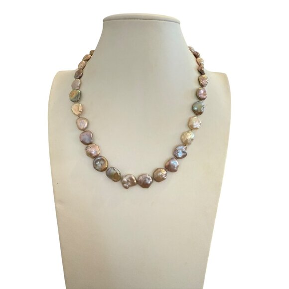 Keshi  Baroque Coin Pearls necklace Peacock Lavender Sterling Silver 9" Drop 18 - Picture 2 of 12